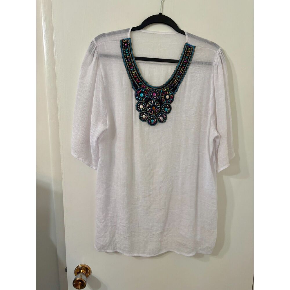 Art Deco Detailed Jewel X-Large Womens Woven White Gauze Tunic Top